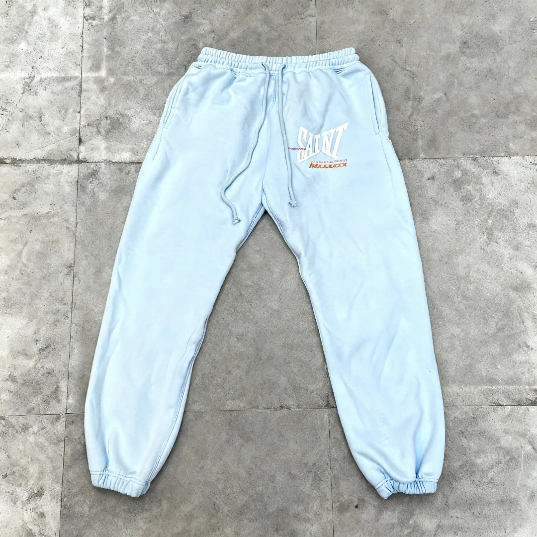 Stylish Saint Michael "SMOKERS FANTASY" letter print washed distressed lace-up loose-fitting velvet sweatpants Style number: SM639 Size: S-M-L-XL Color: black-light blue Price: P236